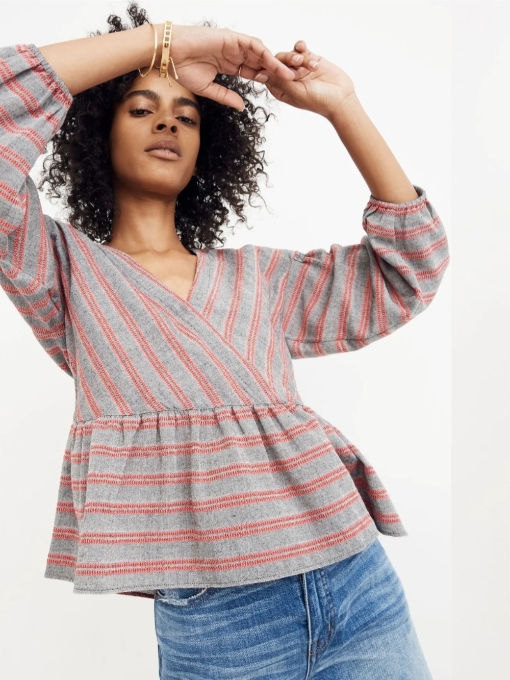 Madewell Striped Bubble-Sleeve Peplum Top